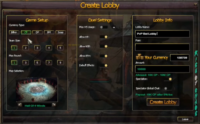 Create Lobby screen